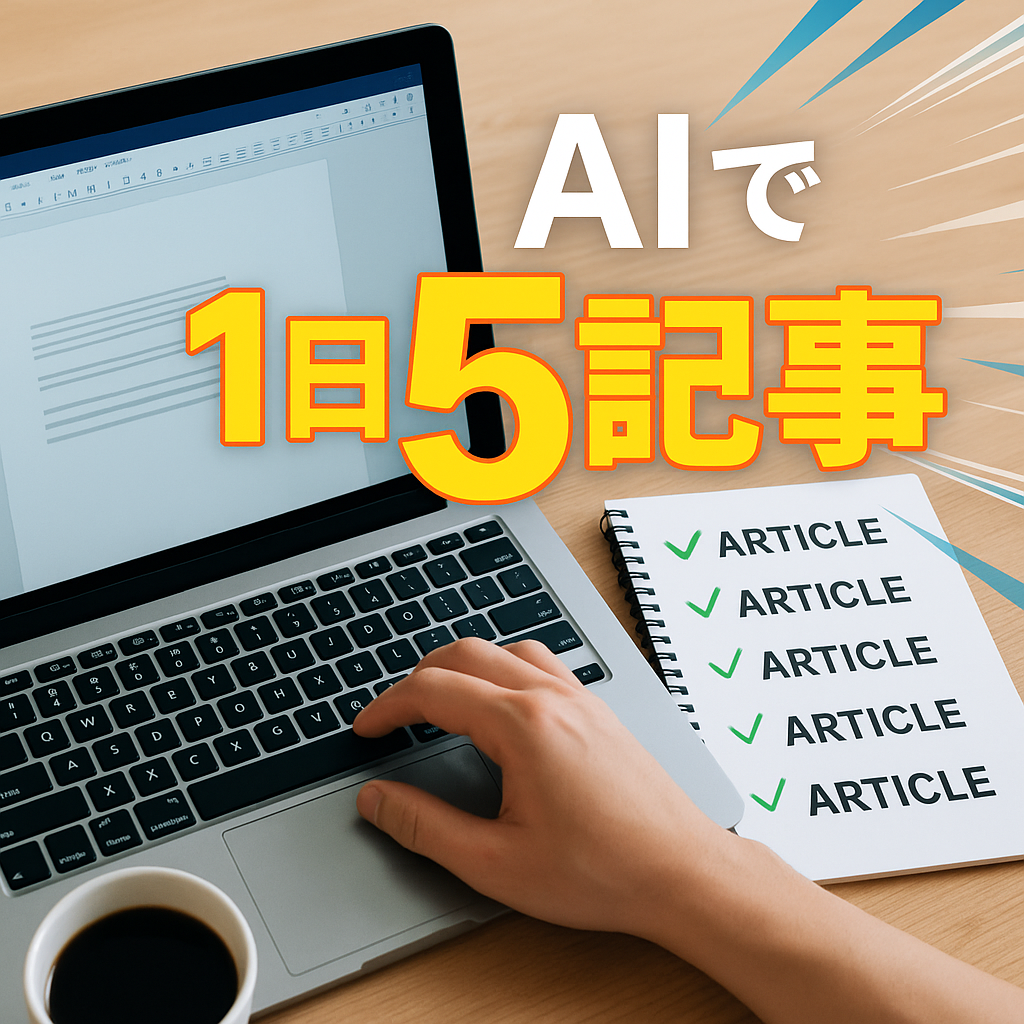 AIを活用して1日で複数の記事を量産するイメージ。机の上にノートPCと記事のリスト、スピード感を表すデザイン