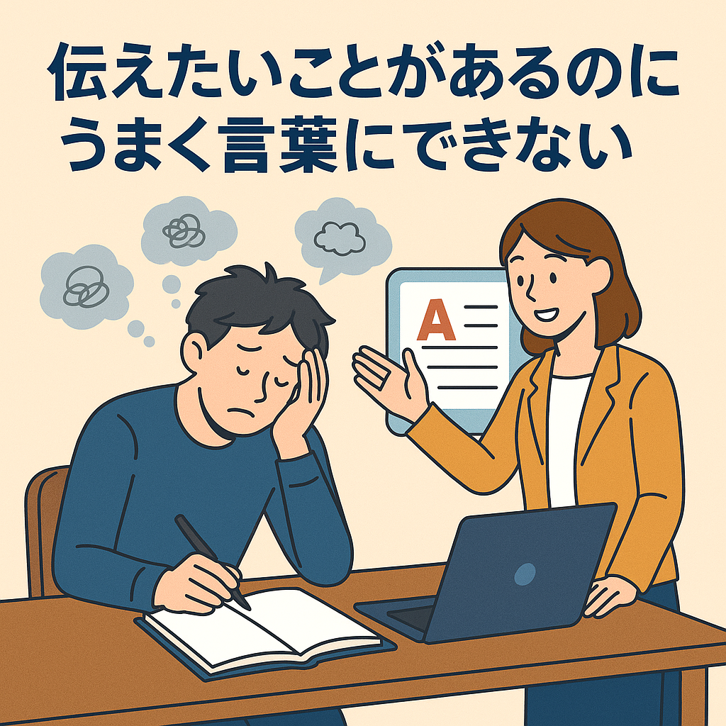 悩みながら言葉を探す人物と、それを整理して伝わる文章に変換する支援者のイラスト