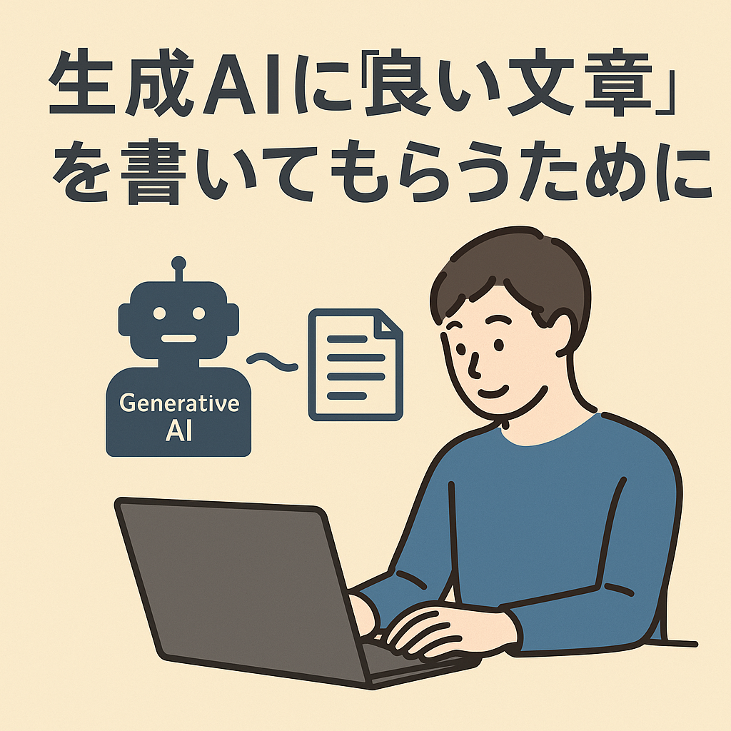 ノートパソコンを操作しながら生成AIに文章を書かせる人物を描いたデジタルイラスト。シンプルで親しみやすいデザイン。