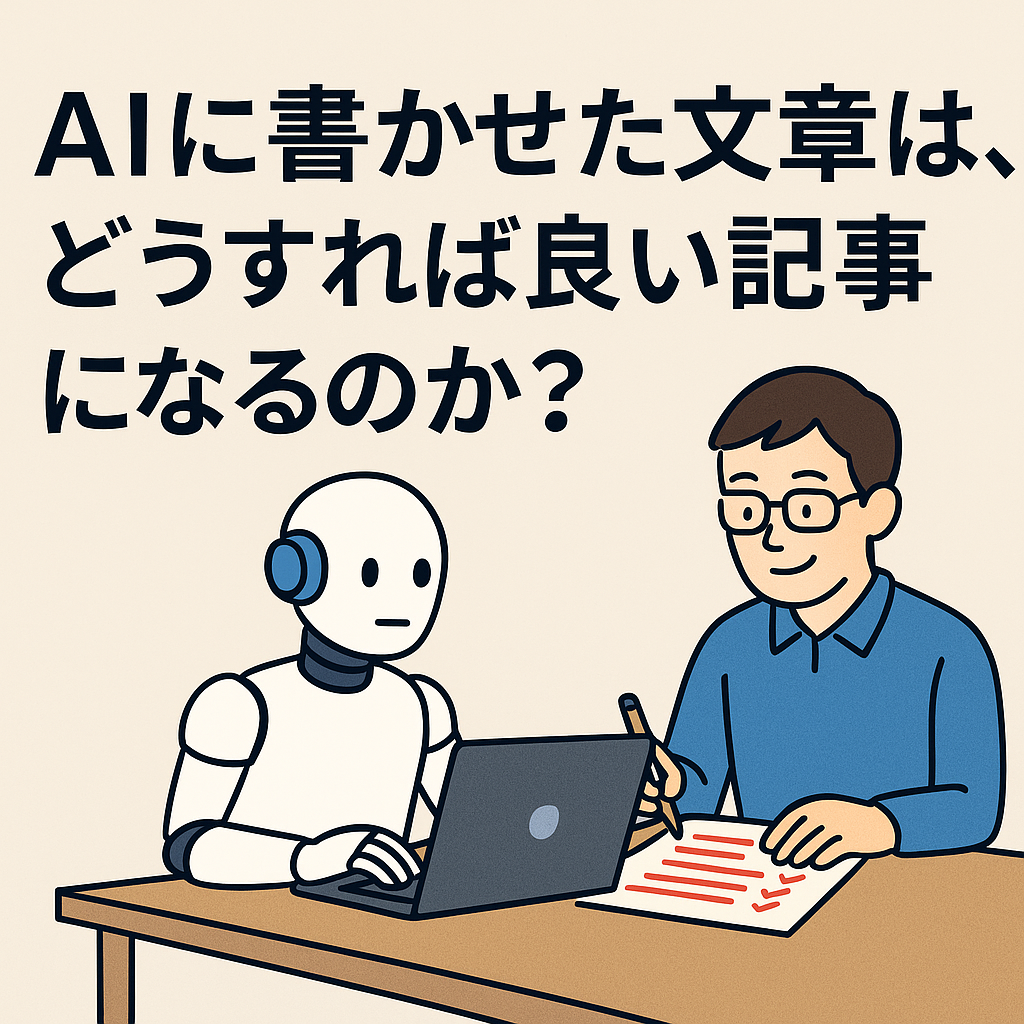 AIで生成された文章を編集するイメージ。原稿に赤ペンが入り、人の手で推敲されている様子を表現したデジタルイラスト