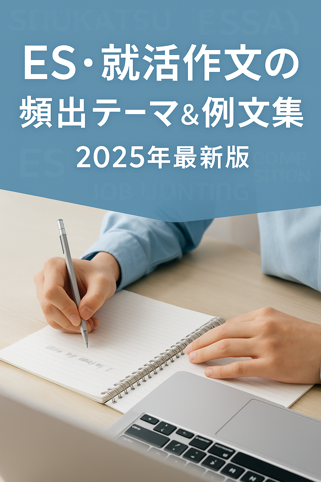 就活生がエントリーシートに作文を書いている様子。2025年の就職活動に向けた作文対策をイメージしたアイキャッチ画像