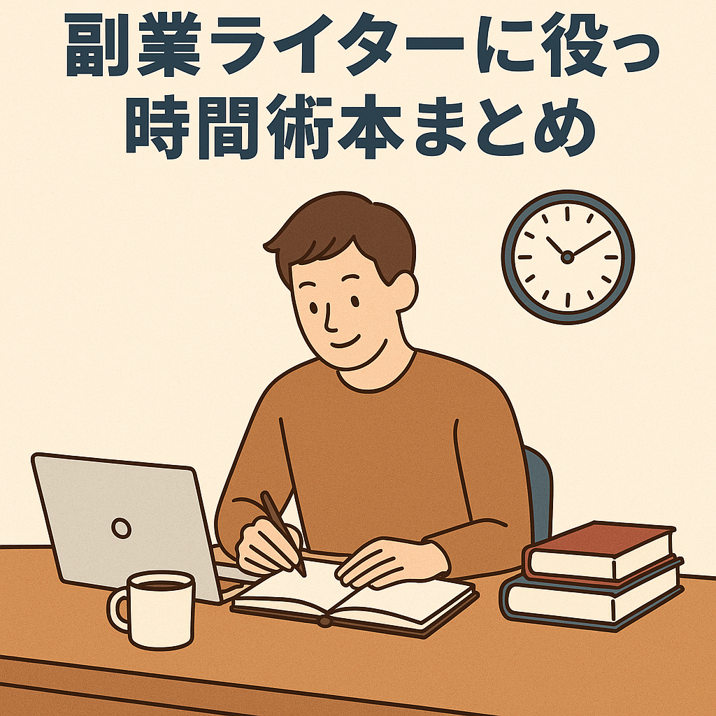 副業ライターが時間管理を意識して机で執筆している様子。ノートPCと本、コーヒー、時計が並び、効率的な作業環境を表現したイラスト。