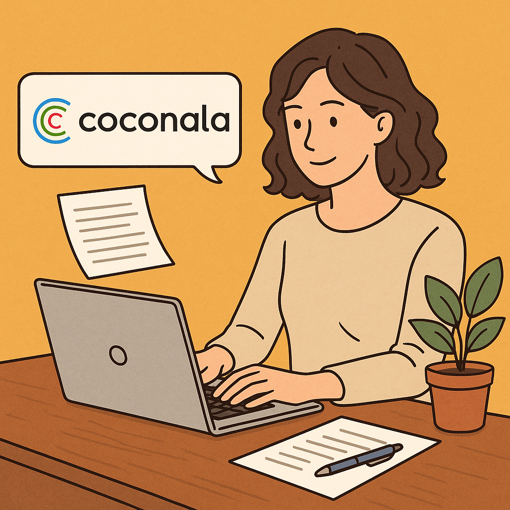 ノートパソコンで文章を書く女性のイラスト。机の上には植物とノートが置かれ、スキルをオンラインで販売する雰囲気を表現。
