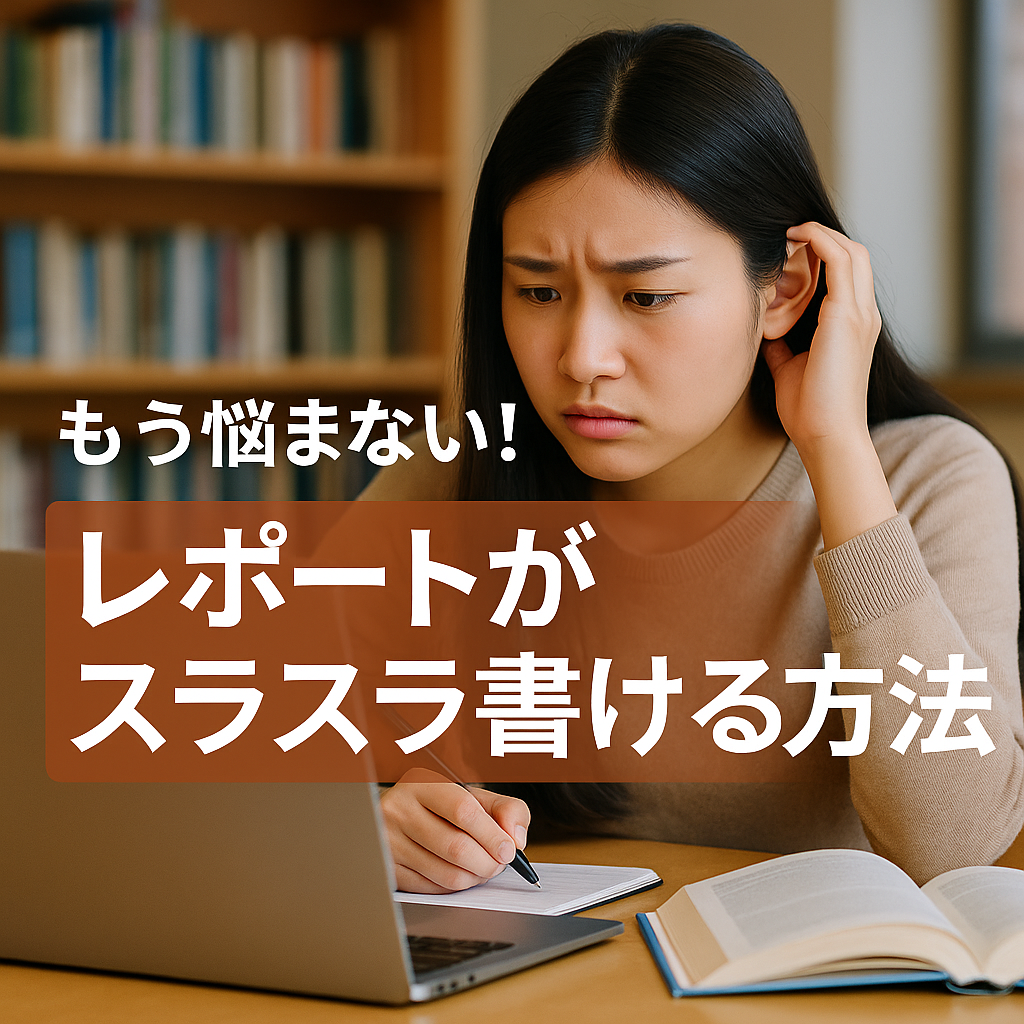 レポートの書き方に悩む大学生がノートパソコンと資料を前にしている様子