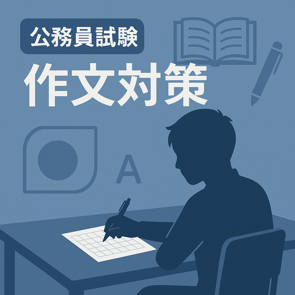 公務員試験の作文対策をイメージしたイラスト。机に向かって原稿用紙にペンを走らせる受験生のシルエットが描かれている。