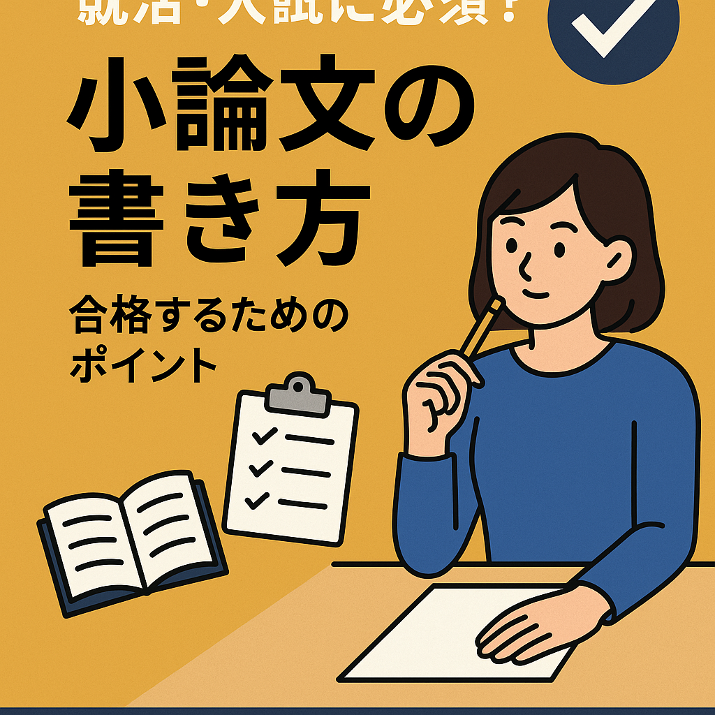 小論文試験対策をイメージしたアイキャッチ。デスクにノートとペン、参考書が並び、論理的な文章を書く姿勢を表現したイラスト