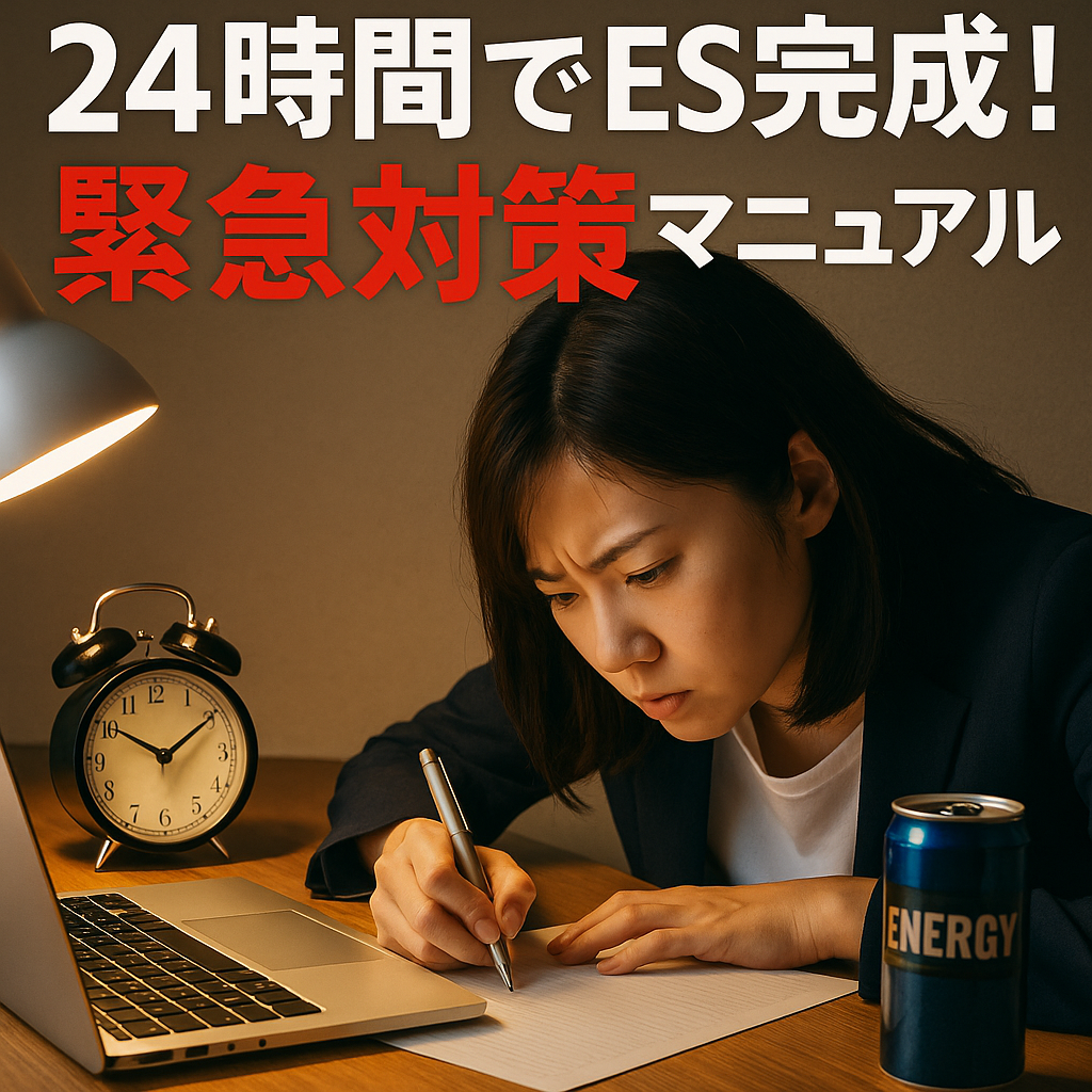 机の上にノートPC・時計・カフェイン飲料が並び、就活生が必死にESを書いている雰囲気。緊張感と「タイムリミット感」を伝えるビジュアル。