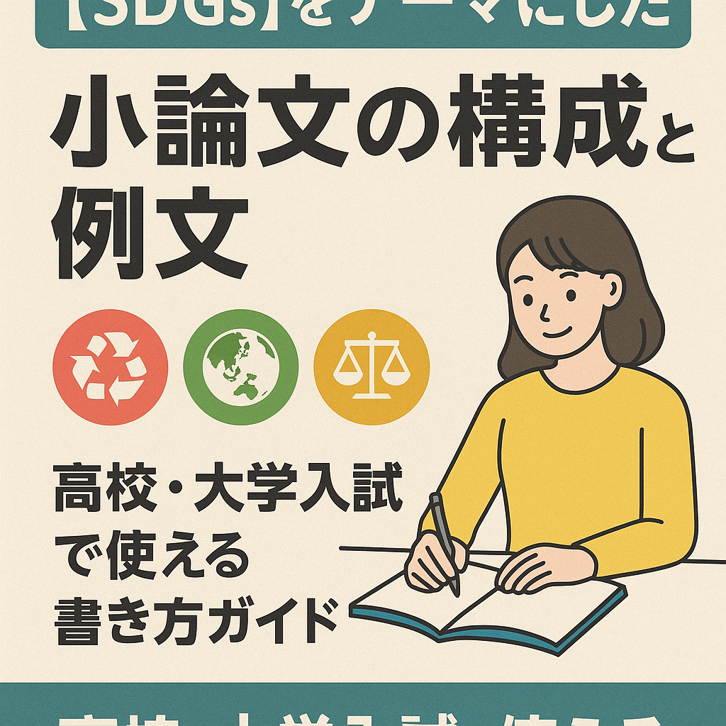 【SDGs】をテーマにした小論文の構成と例文」を紹介する教育系ブログのアイキャッチ画像。ノートとペン、地球やリサイクル、平等などSDGsの17目標を象徴するアイコンが並ぶ。