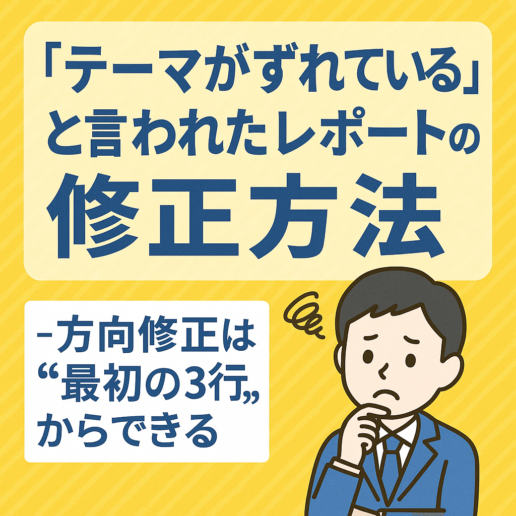 『テーマがずれている』と言われたレポートの修正方法」という日本語タイトルの教育系デザイン。青と白を基調に、学生が赤ペンでレポートを見直すイラストが描かれた知的で落ち着いた印象のアイキャッチ画像。