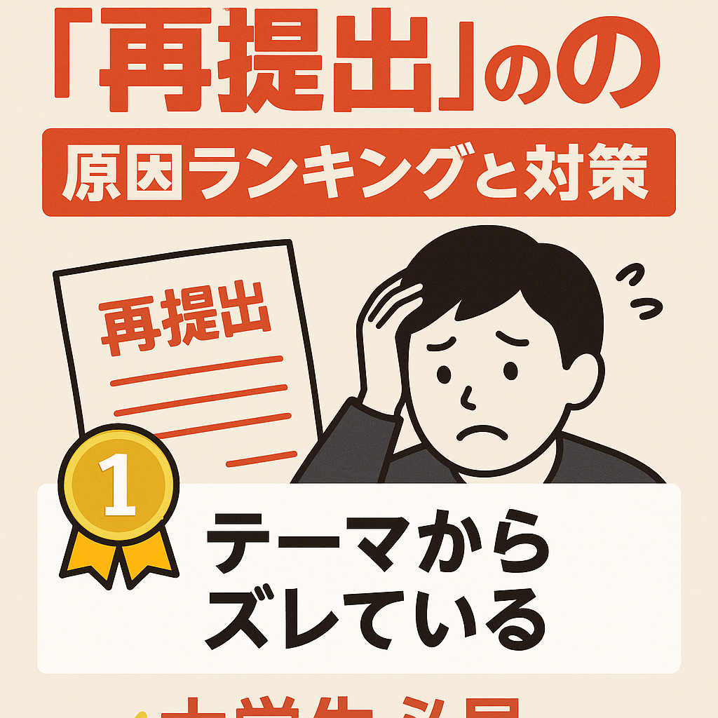 大学生が教授から“再提出”と赤字で書かれたレポートを受け取り、ショックを受けているイラスト。再提出の原因を学び、改善する姿勢をユーモラスに描いた学習シーン。