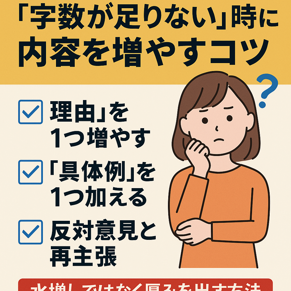 レポートの字数が足りない時に内容を増やすコツ」というタイトルの日本語デザイン。青と白を基調に、学生がパソコンに向かって考え込む姿とノート・文字数カウンターのイラストが配置された爽やかで知的なアイキャッチ画像。