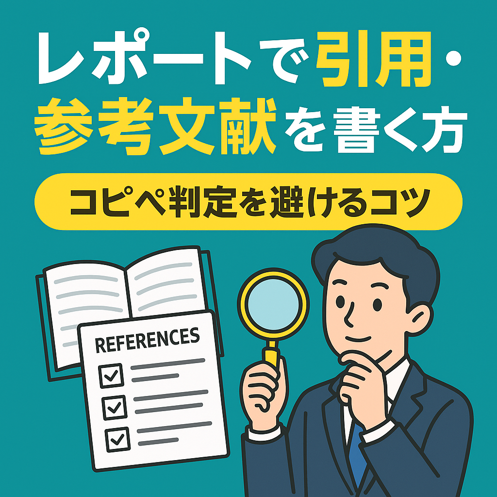 「レポートで引用・参考文献を書く方法──コピペ判定を避けるコツ」を紹介する教育系イラスト。大学生がノートパソコンを使い、複数の本を参考にレポートを作成している様子を描いた2Dデジタルアート。