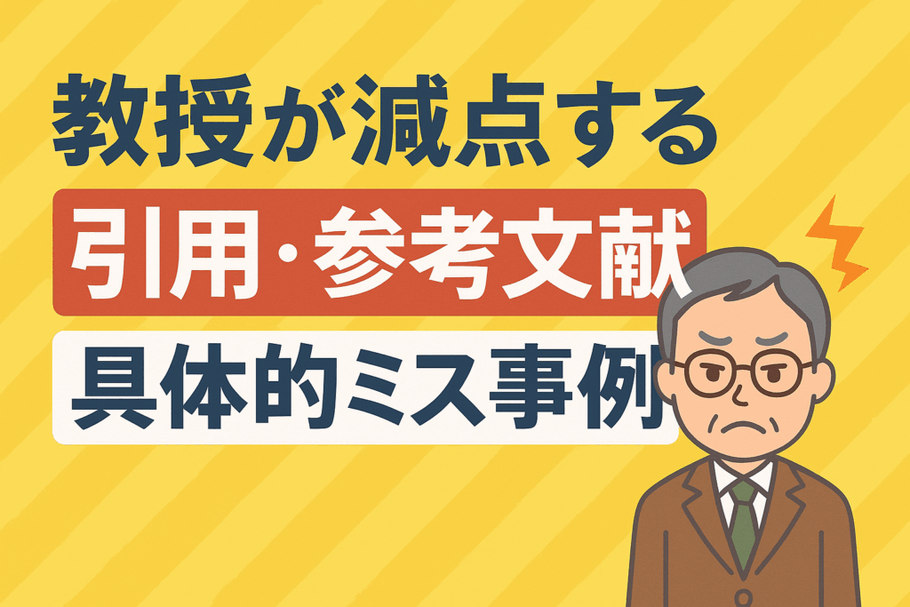 引用や参考文献のミスで悩む日本の大学生が、机に広げたレポートと赤字の修正箇所を見つめているイラスト。引用・参考文献の正しい書き方を学ぶ学習シーン。