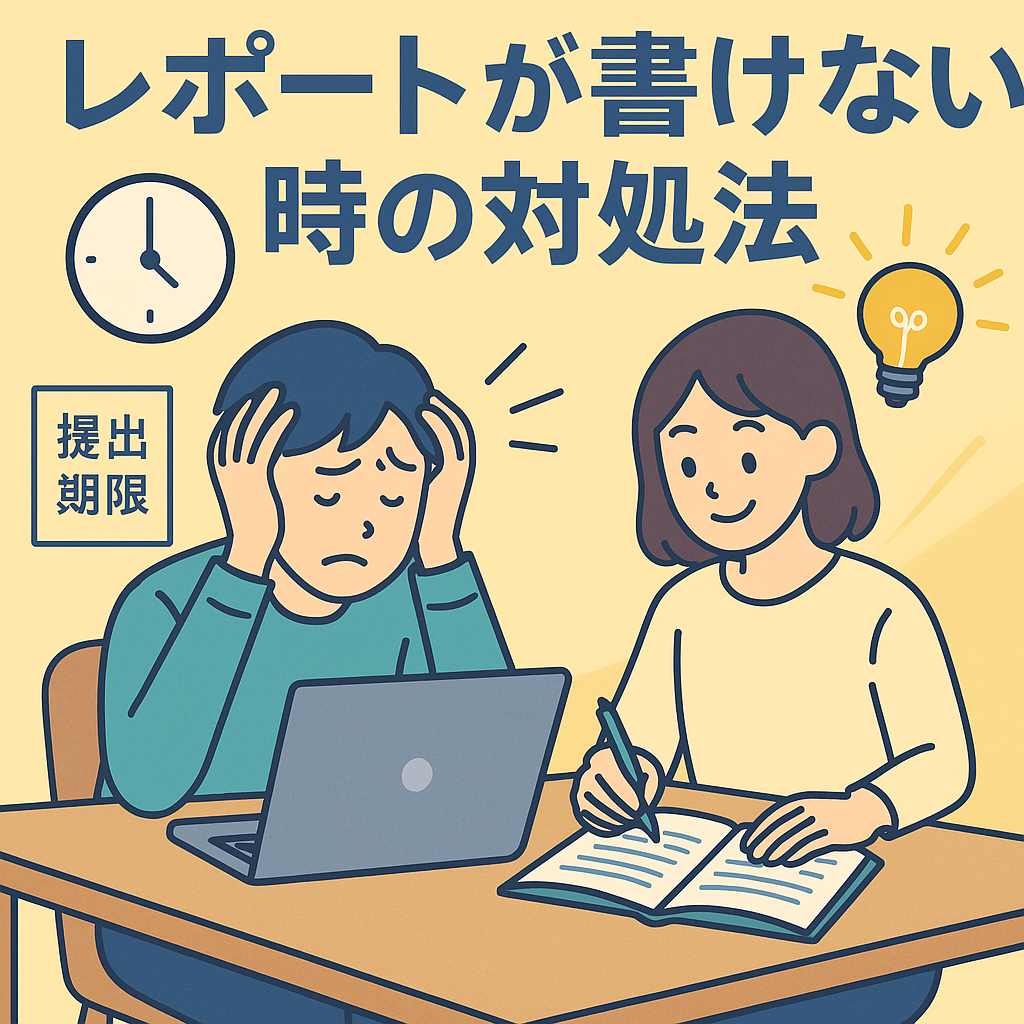 大学レポートが書けずに悩む学生が机で考え込んでいる様子を描いた2Dイラスト。アイデアを見つけて前向きになる姿を象徴。