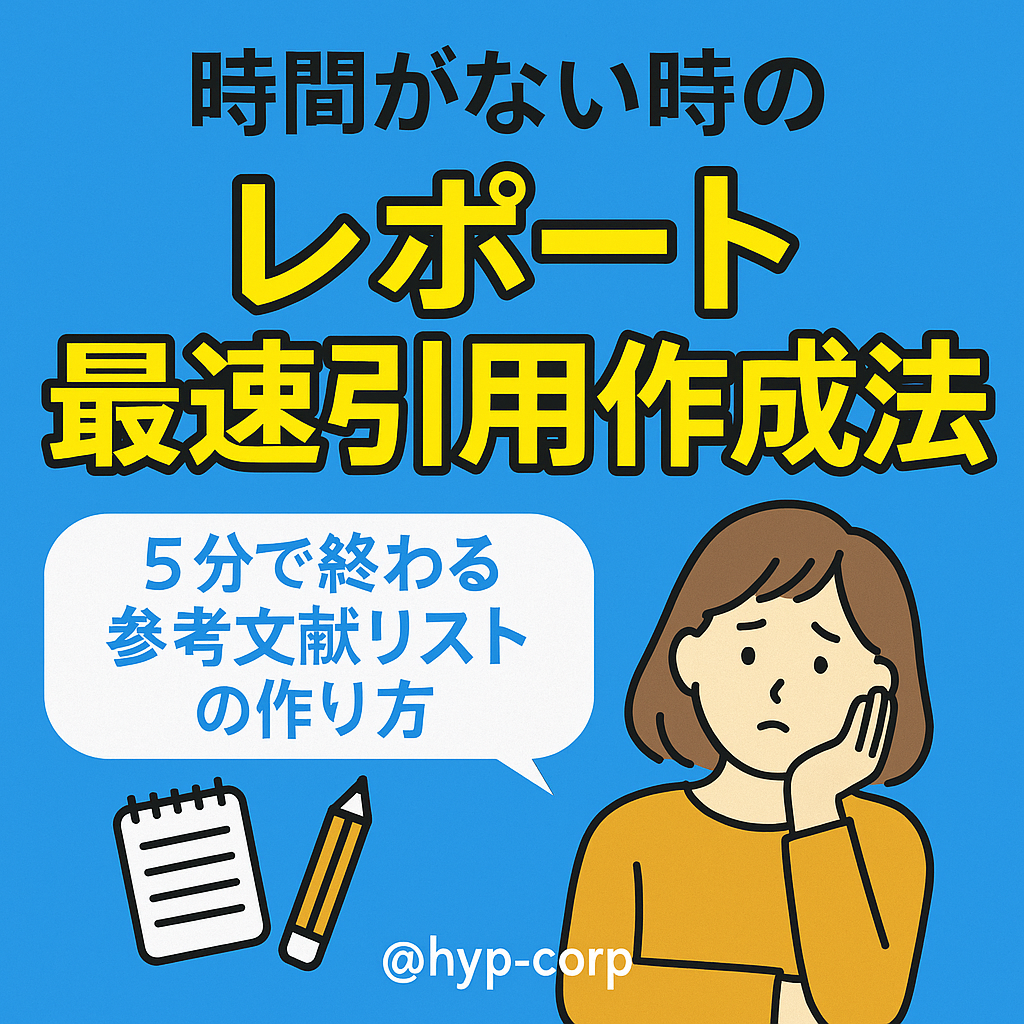 締切間近に焦りながらレポートを書く日本の大学生を描いたイラスト。机の上にはノートパソコンと参考書、壁には時計があり、時間のなさと集中の緊張感が表現されている。