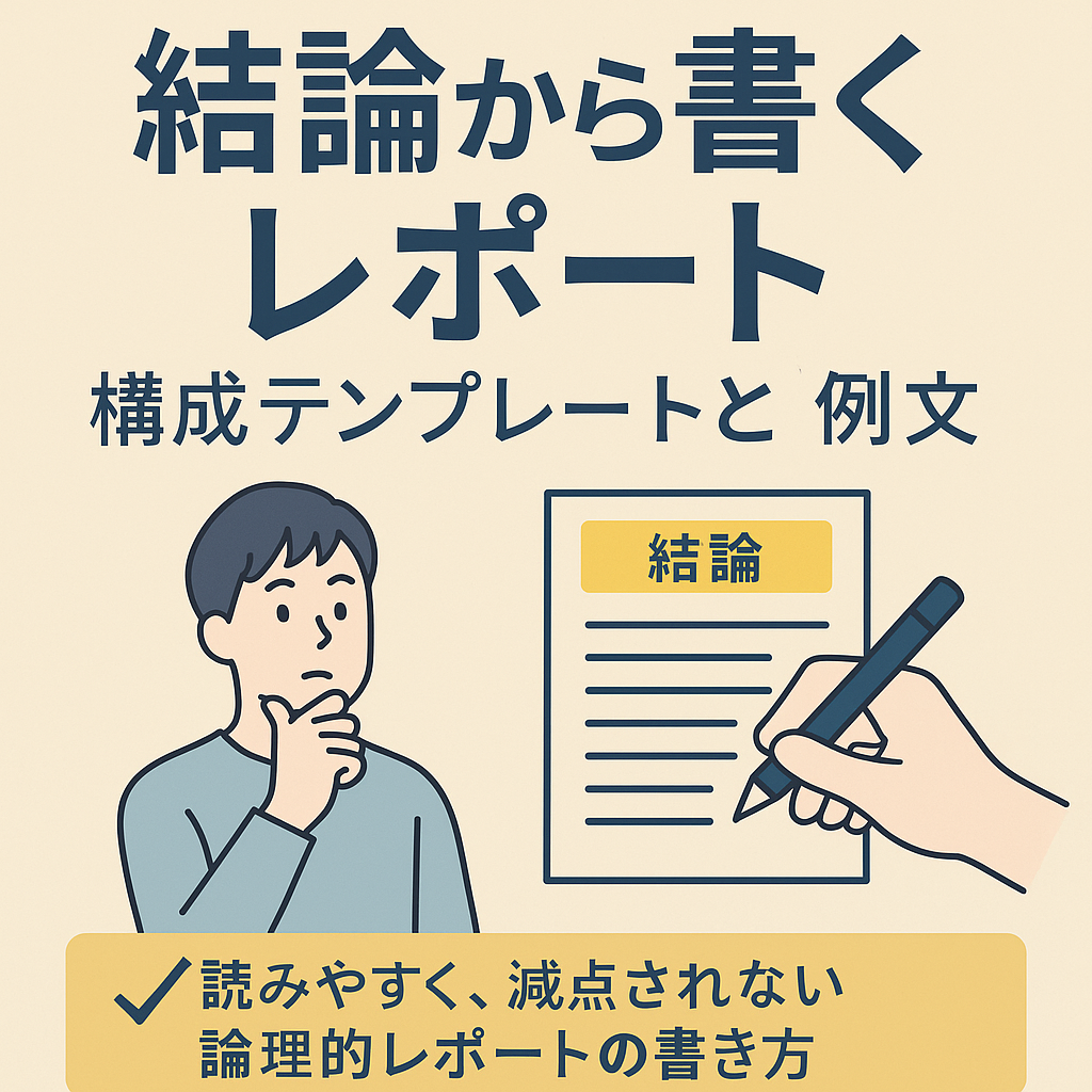 結論から書くレポート構成テンプレートと例文」というタイトルが中央に配置されたアイキャッチ画像。机の上にノートパソコンとノート、ペンが置かれ、白と青を基調にしたシンプルで落ち着いたデザイン。