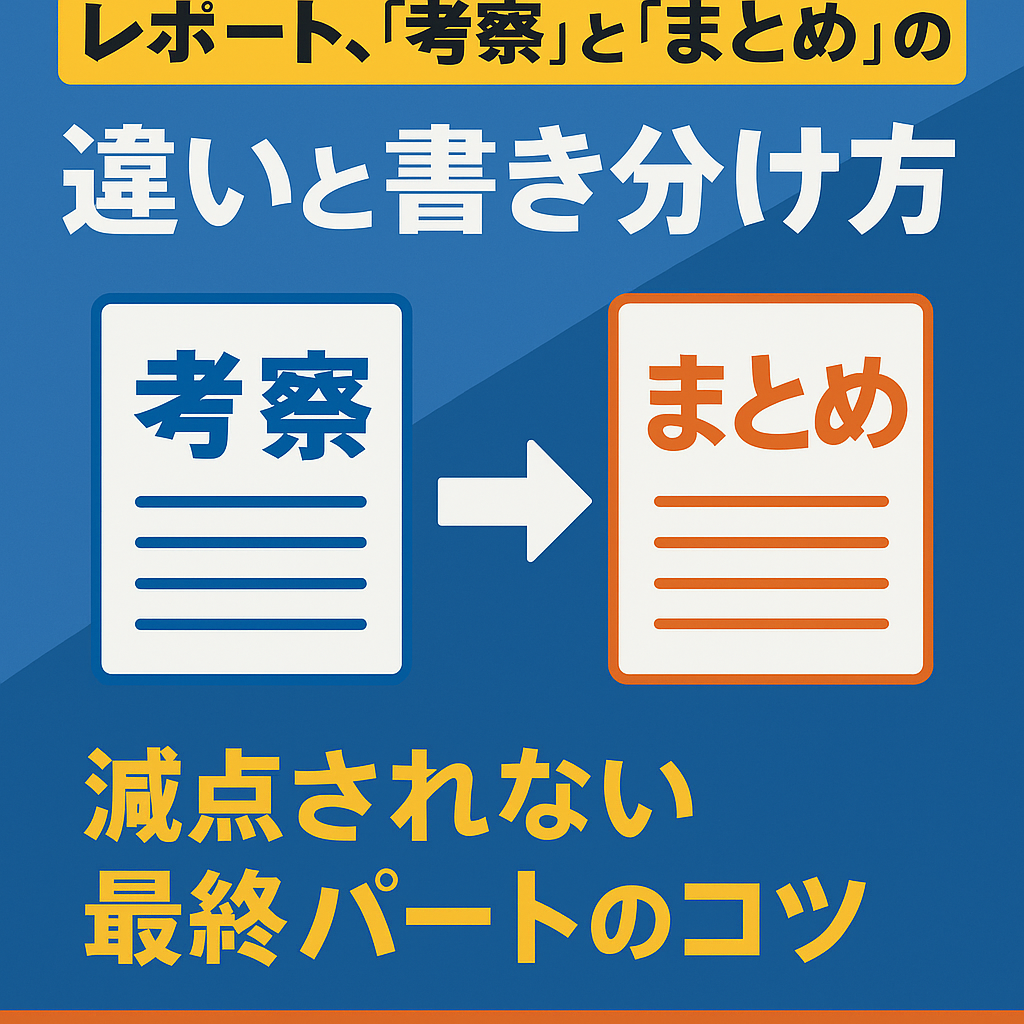 レポート『考察』と『まとめ』の違いと書き分け方【例文あり】」というタイトルが中央に配置されたアイキャッチ画像。ノートパソコンとノートが机の上にあり、青と白を基調にした清潔で知的なデザイン。
