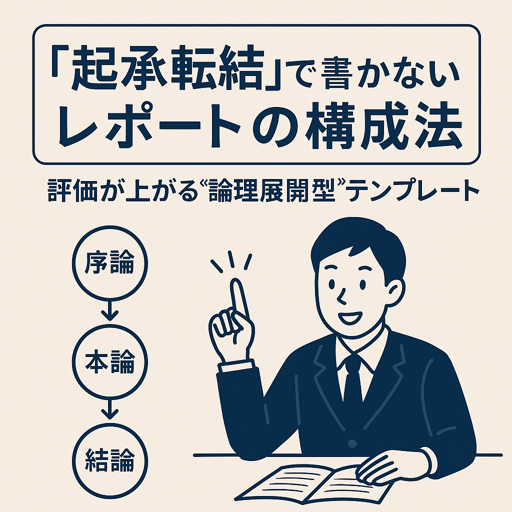 起承転結で書かないレポートの構成法」という日本語タイトル。青と白を基調にしたデザインで、ノートパソコンやレポート用紙、論理構成図のイラストが配置された、大学生向けの知的な印象のアイキャッチ画像。