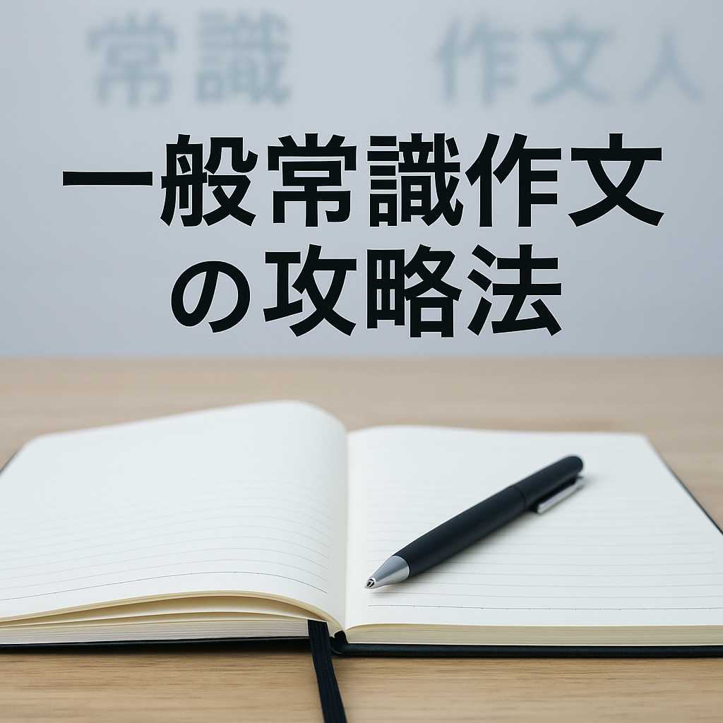 シンプルな机の上にノートとペン、背景に淡いブルーやグレーで「常識」「作文」「社会人」といった文字がぼんやり浮かぶデザイン