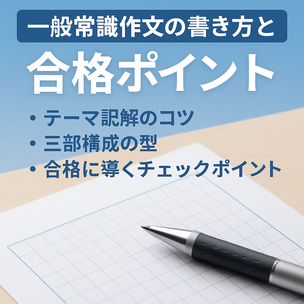 就職試験や入学試験に出題される一般常識作文の書き方を解説するためのイメージ画像。机の上に原稿用紙とペンが置かれている