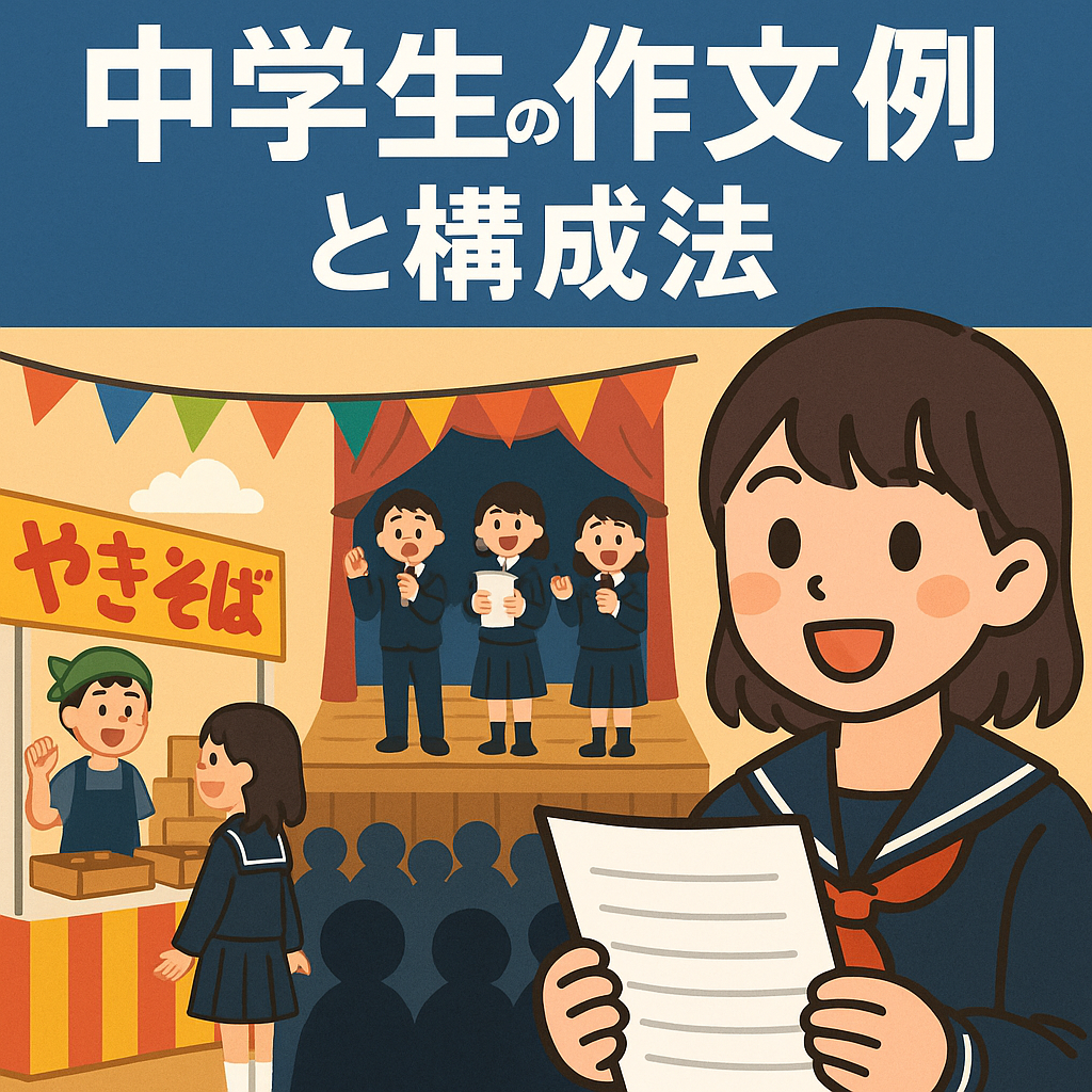 文化祭で発表する中学生のイラスト。作文課題に取り組む姿をイメージした学園行事の場面