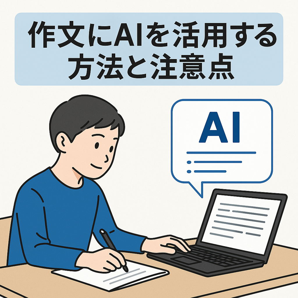 AIを活用して作文を書く学生。ノートパソコン画面にAIの吹き出しが表示され、文章作成をサポートしている様子のイラスト