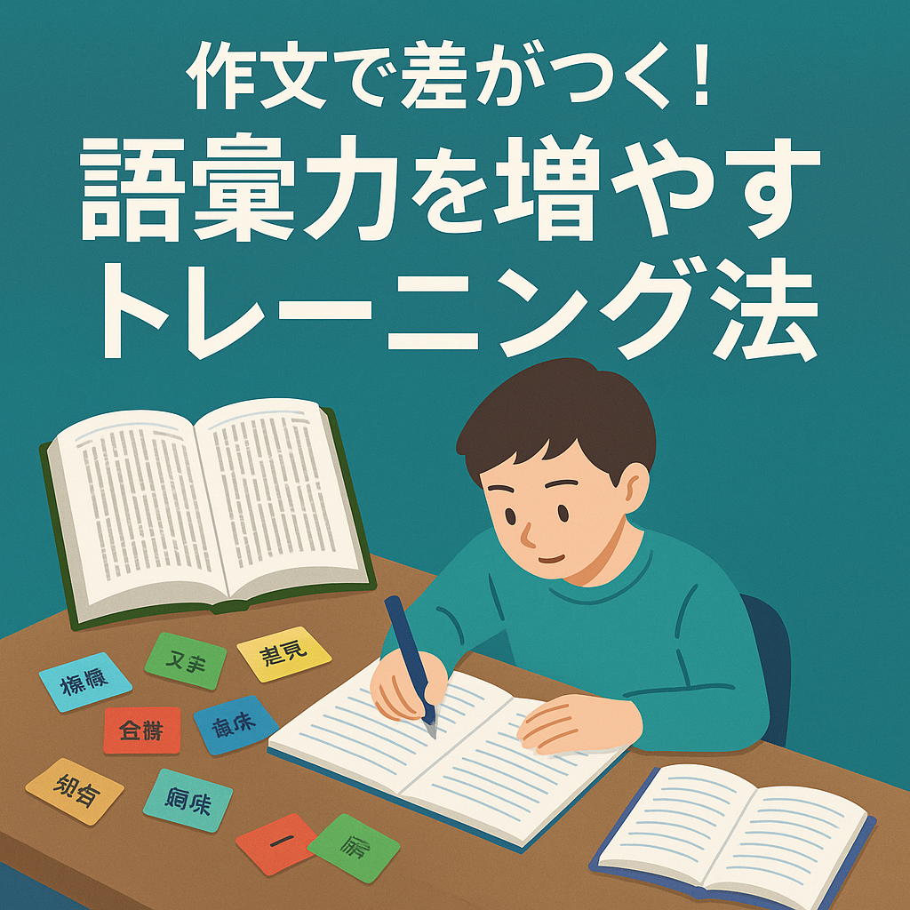 作文で語彙力を伸ばすために辞書やノートを使って勉強している学生のイメージイラスト