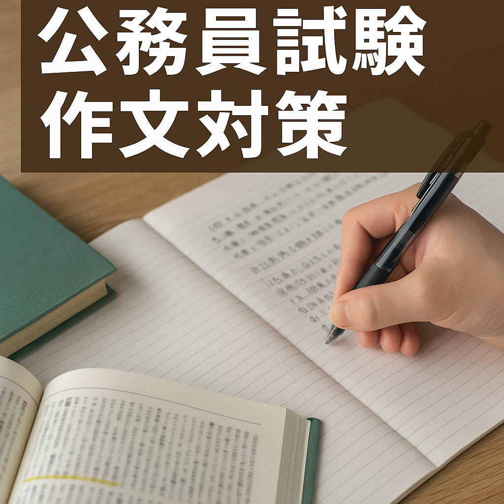公務員試験の作文対策をイメージした机上のノートとペンの写真。受験勉強をしている様子