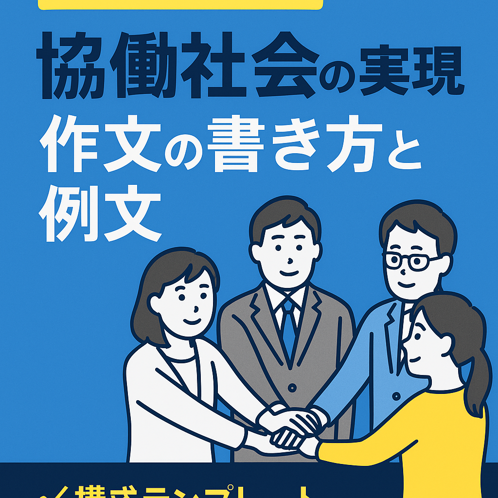「公務員試験作文『協働社会の実現』の書き方と例文」を紹介する教育用イラスト。机で作文を書く受験生の背景に、住民や行政職員が協力してまちづくりを行う様子が描かれている。