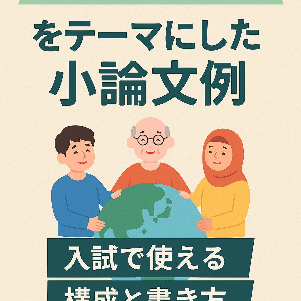 【地域社会と多様性】をテーマにした小論文例」を紹介する日本語ブログ用の教育イラスト。異なる背景を持つ人々が共に地域活動をしている様子が描かれている。