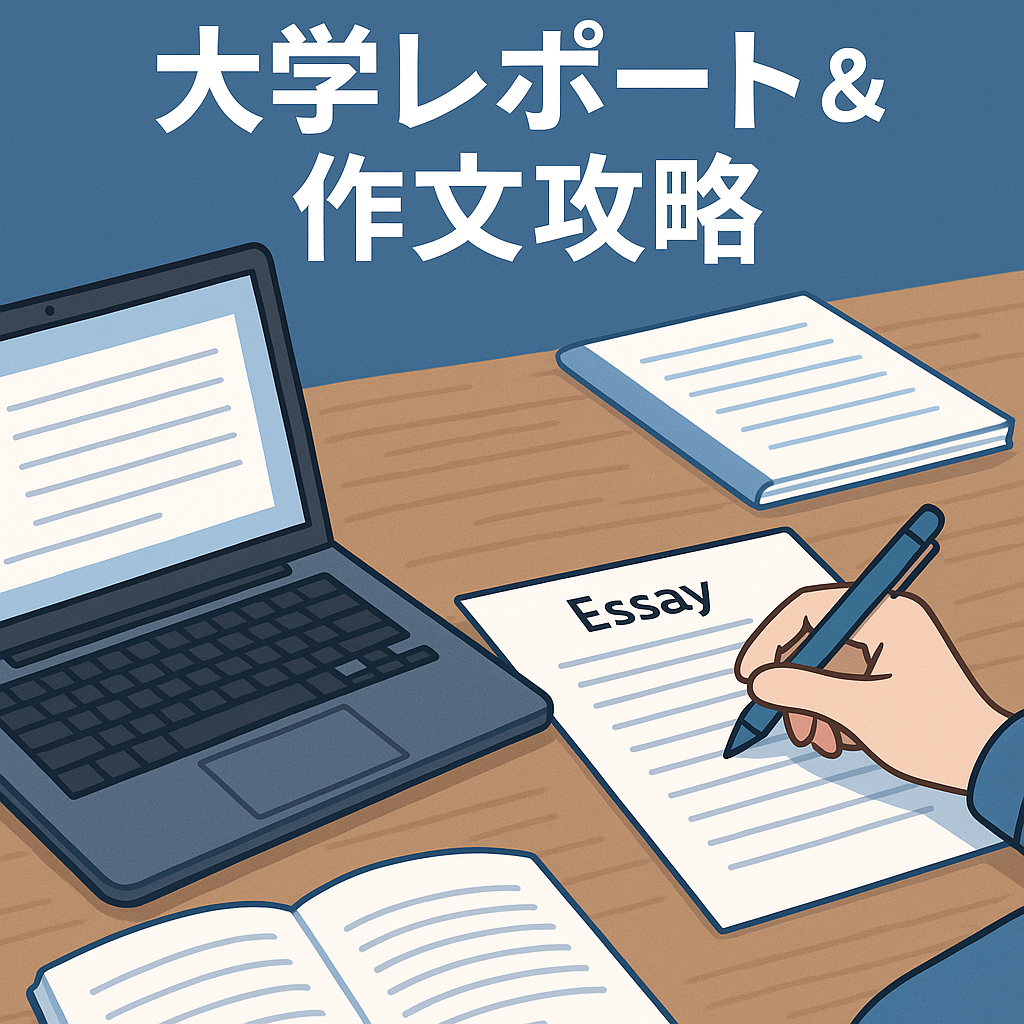 大学生が机でレポート・作文を書いている様子を表したイラスト。ノートパソコンとレポート用紙が並び、文章作成のイメージを伝えるデザイン。