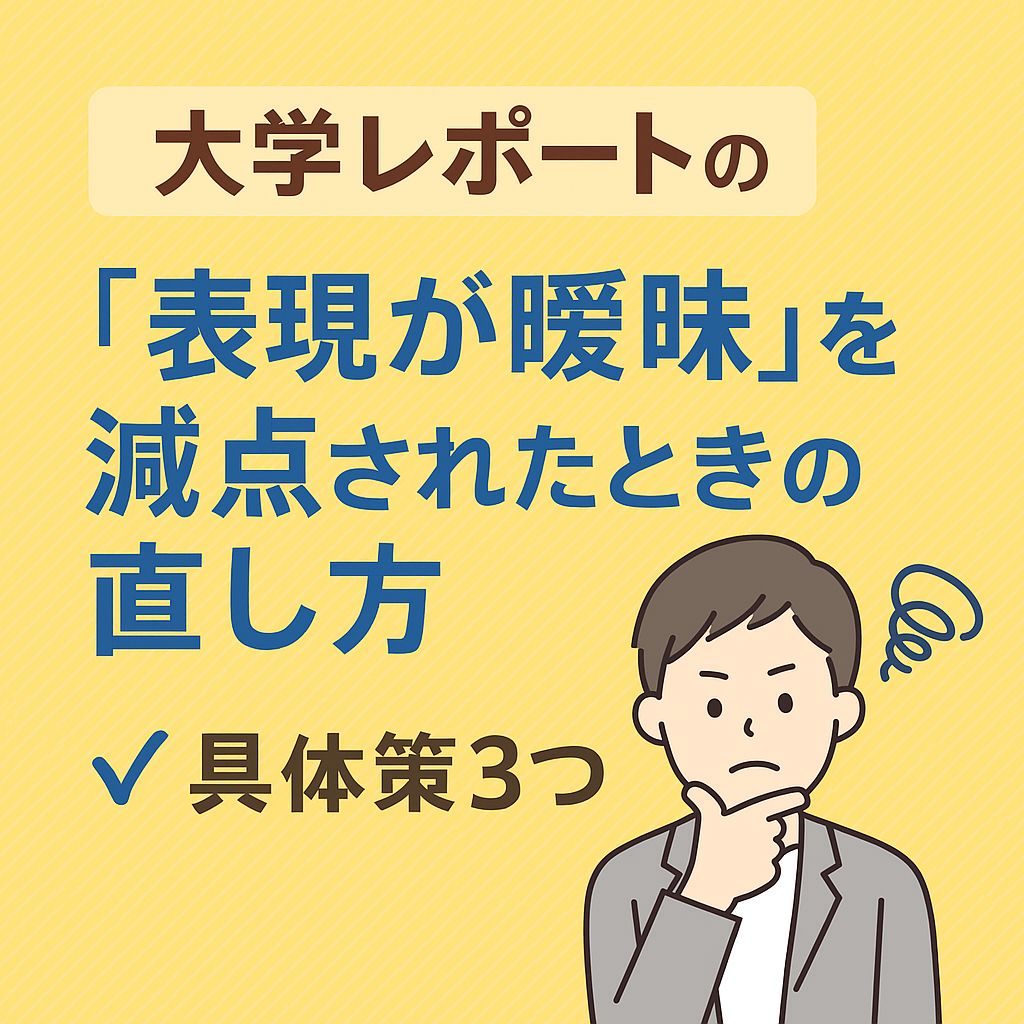 大学レポートの『表現が曖昧』と減点されたときの直し方」という日本語タイトルの教育系デザイン。青と白を基調に、学生がパソコンでレポートを修正し、赤ペンで「曖昧→具体的」と書かれた吹き出しがあるイラスト。明るく知的な印象の画像。