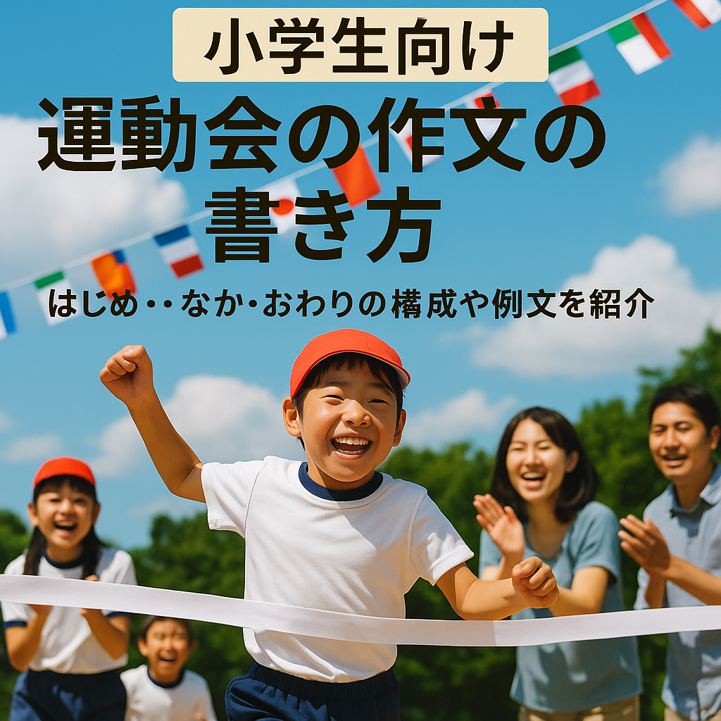 小学生が運動会でリレーを走りゴールする場面。青空の下、万国旗が飾られ、友達が応援している様子。