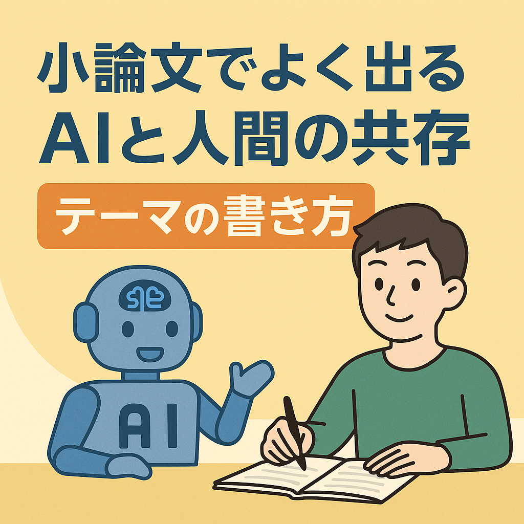人間の手とAIロボットの手が握手している。背景にはデジタルな都市と自然が融合した風景が描かれた、青と白を基調にした未来的イラスト