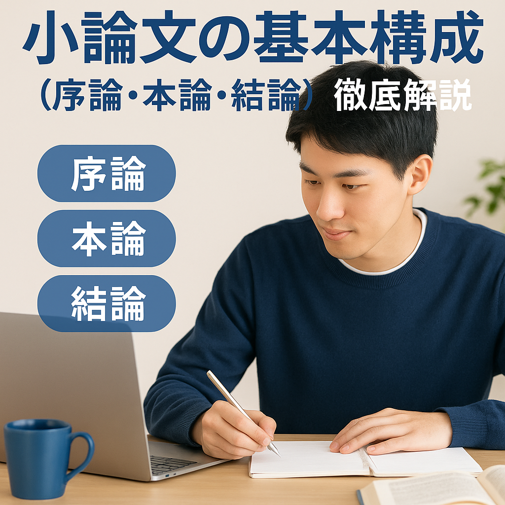 大学生が机で小論文を書いている。ノートに“序論・本論・結論”とメモを書き、パソコン画面を見ながら考えている様子のイラスト