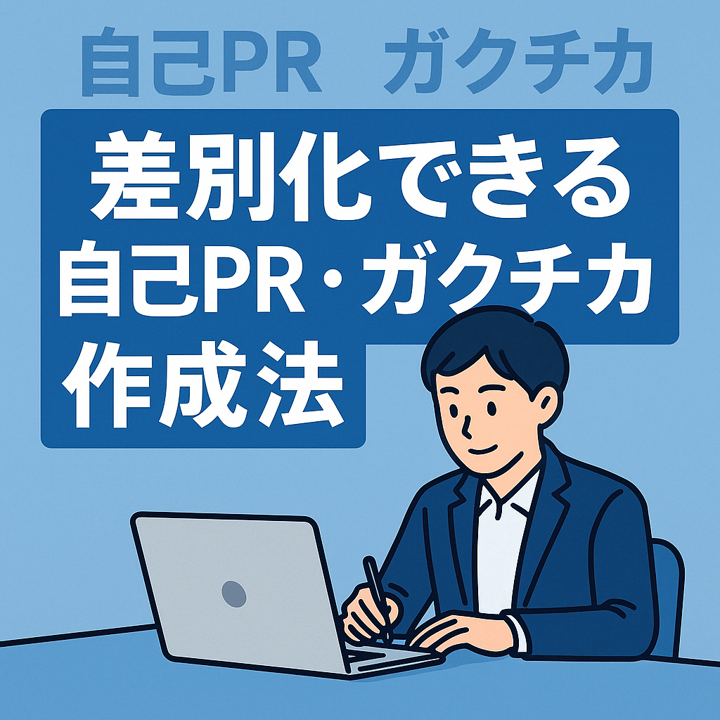就活生がノートPCに向かって自己PRとガクチカをまとめている様子を表したイラスト。「差別化できる自己PR・ガクチカ作成法」という文字が中央に入ったデザイン。