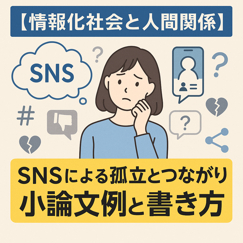 【情報化社会と人間関係】SNSによる孤立とつながりをテーマにした小論文例」を紹介する日本語教育向けイラスト。スマホに囲まれ、情報社会の中で孤独を感じる若者を描いている。