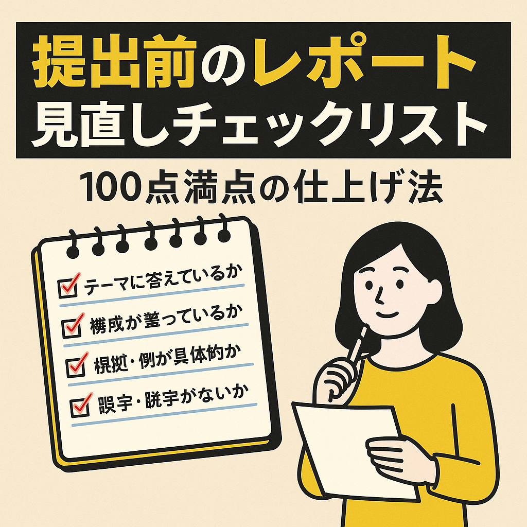 提出前のレポートをノートパソコンとチェックリストで見直す日本の大学生を描いた2Dイラスト。整理整頓された明るい学習風景。