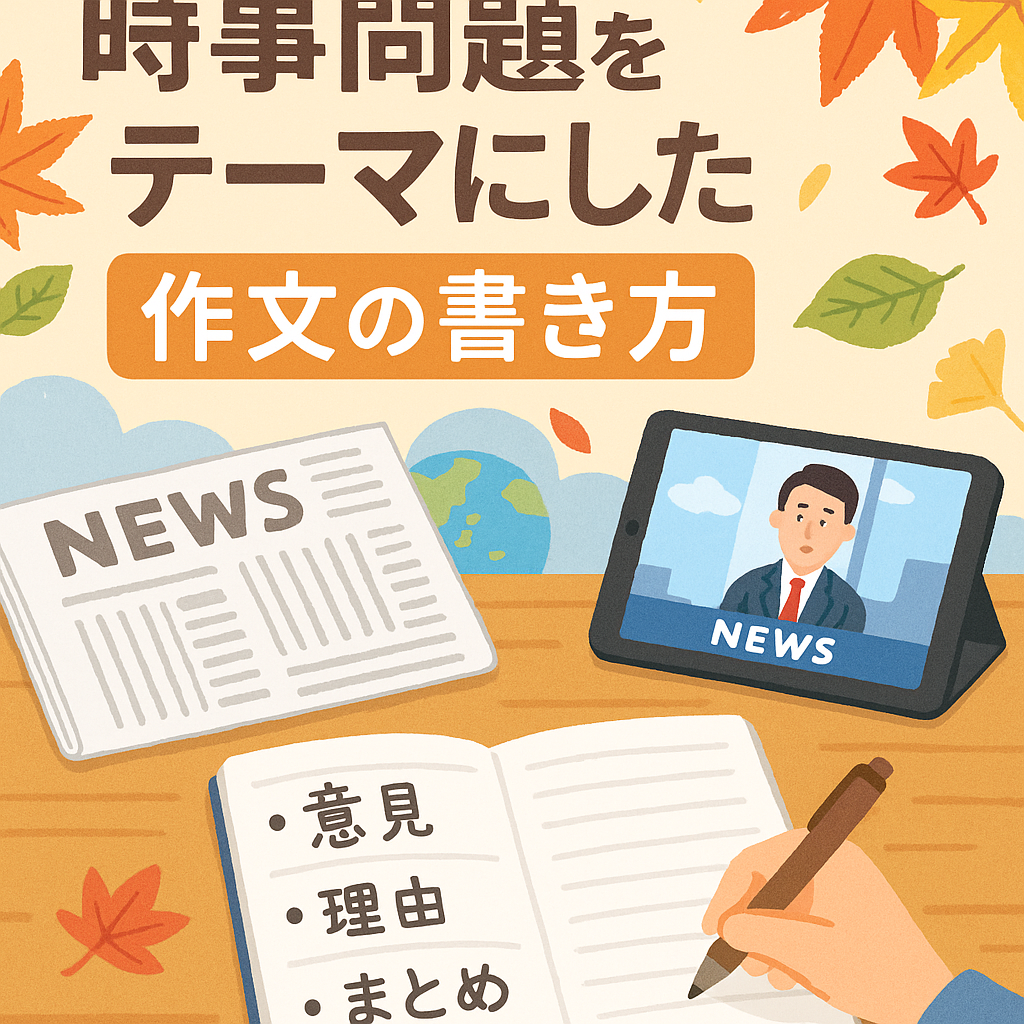 ニュース記事を読みながら作文を書く学生をイメージしたイラスト。ノートに意見をまとめている場面