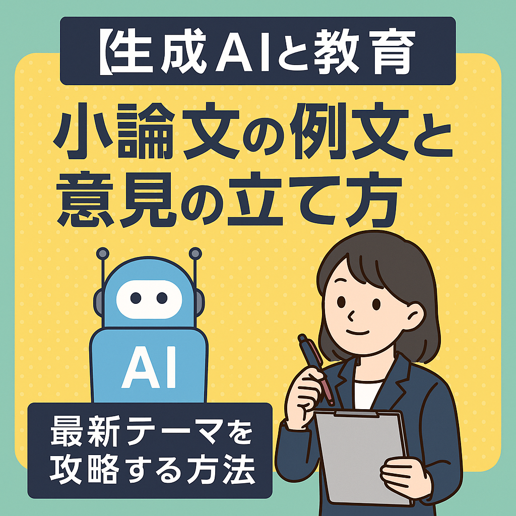 【生成AIと教育】小論文の例文と意見の立て方」を紹介する日本語ブログ用の教育イラスト。ノートパソコンや脳型のライト、AIのアイコンが描かれている。