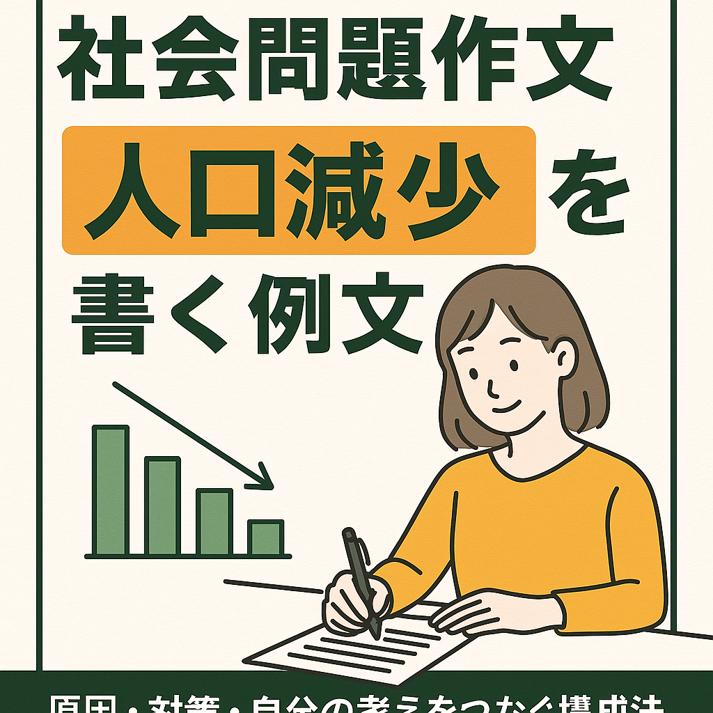 「社会問題作文『人口減少』をテーマに書く例文」記事用のイラスト。机で作文を書く学生と、背景に人口減少を示すグラフや人々の姿が描かれている。