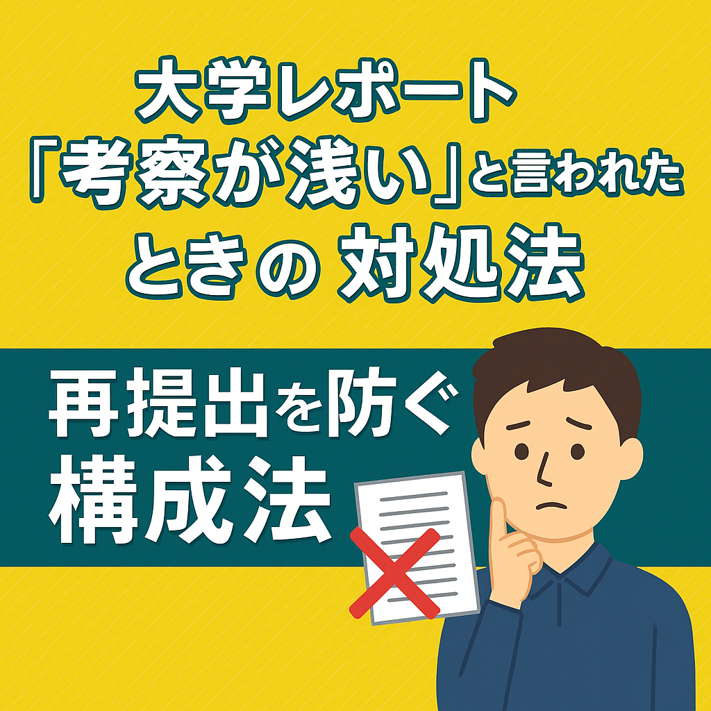 「大学レポート『考察が浅い』と言われたときの対処法──再提出を防ぐ構成法」を紹介する日本語教育向けイラスト。大学生が机でレポートを推敲している様子を描いた2Dデジタルアート。