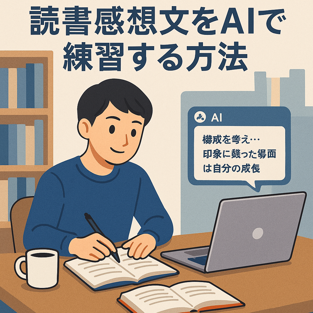 AIと一緒に読書感想文の練習をする学生。机の上に本とノートパソコンがあり、AIが文章の提案をしている様子のイラスト