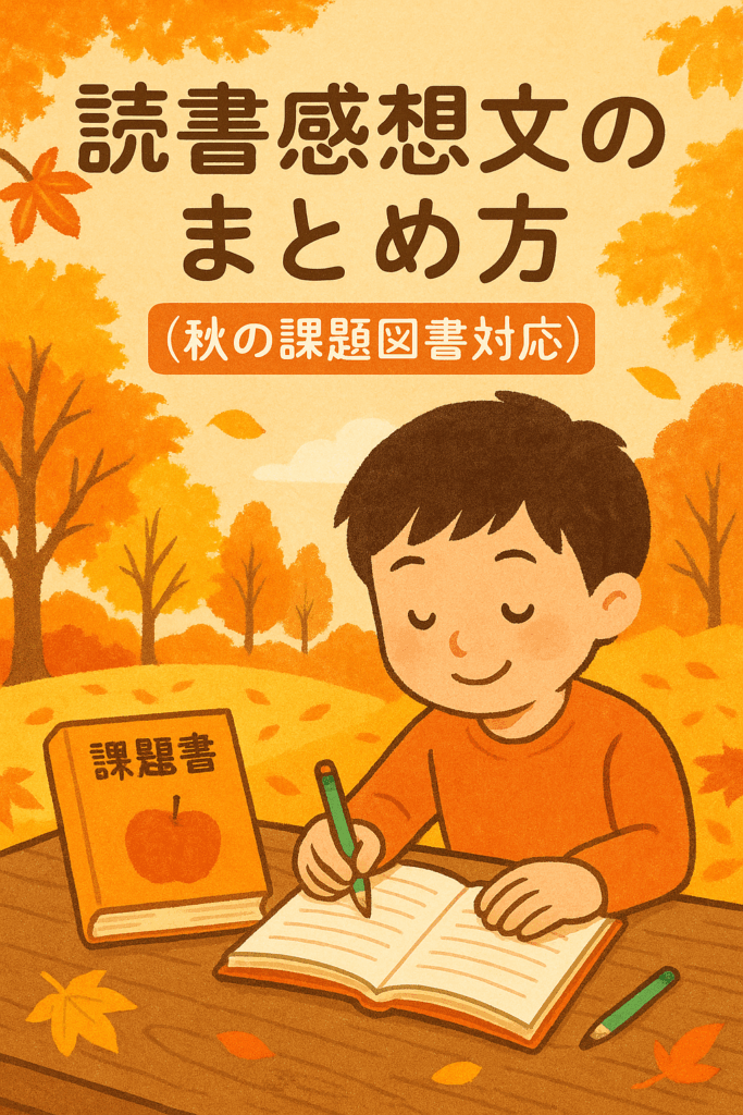 秋の課題図書を読みながら読書感想文を書いている子どもと紅葉の風景