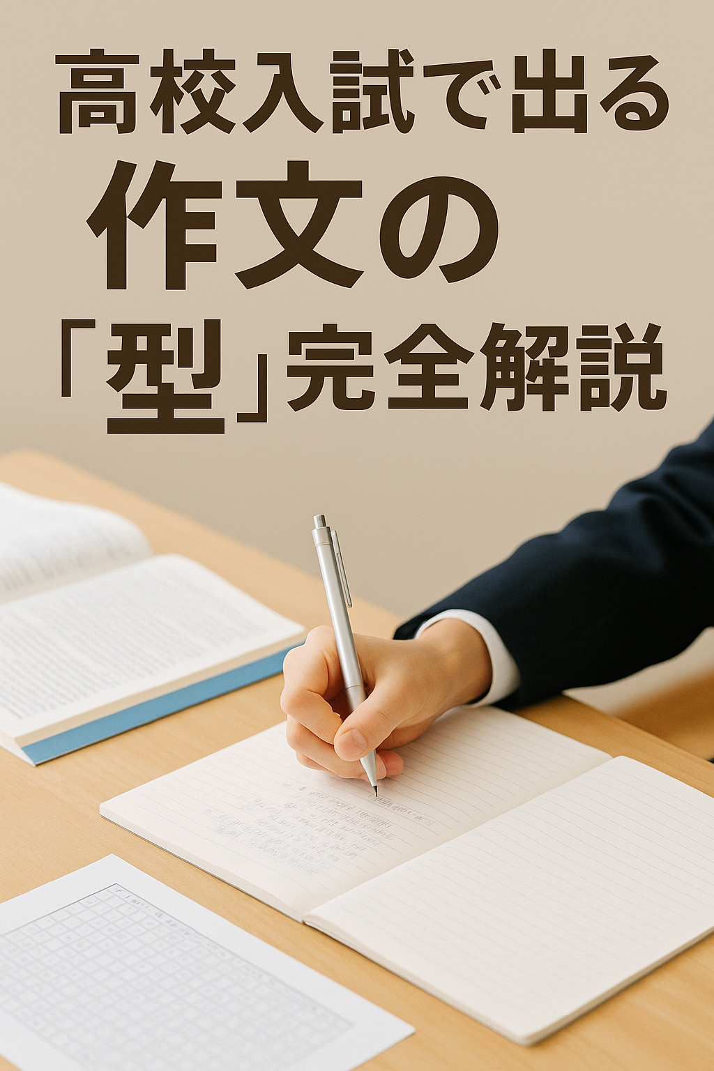 高校入試の作文対策をする受験生がノートにペンを走らせている様子。机の上には参考書と答案用紙が置かれている。