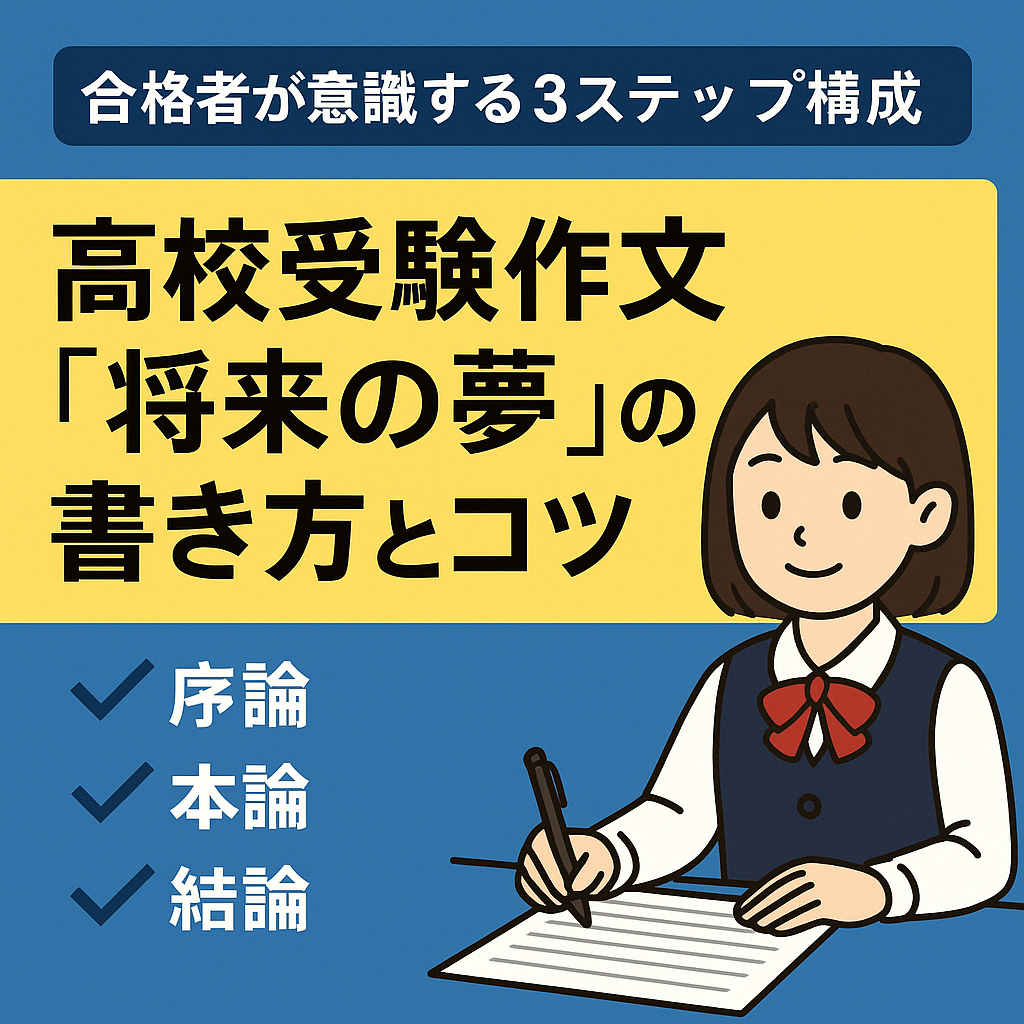 「高校受験作文『将来の夢』の書き方とコツ」を紹介する学習用イラスト。中学生が作文を書く姿と、背景にさまざまな職業を表すシンボルが描かれている。